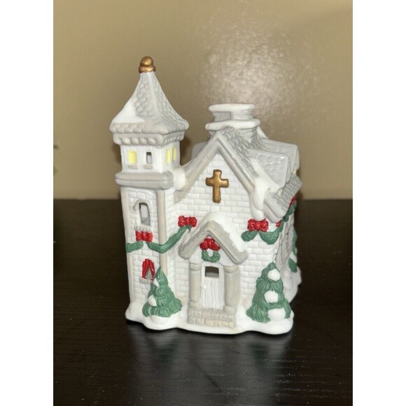Ceramic Christmas Church Tea Light Candle Trees snow Accents 5.25" Tall Preowned - Picture 2 of 8